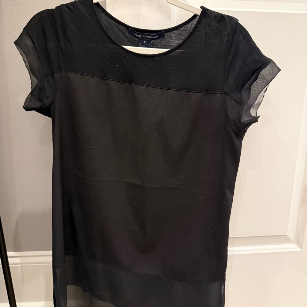 French Connection Black Short-Sleeve Sheer Panel Top